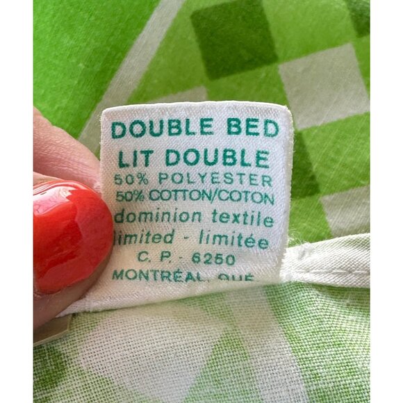 Vintage 70s fitted/bottom sheet, green checkered geometric bedsheet, double/full - Picture 6 of 7
